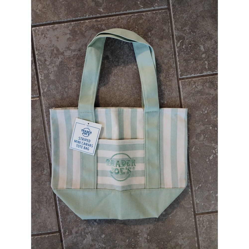 Trader Joe's Striped Mini Canvas Tote Bag Green White Viral Limited Edition